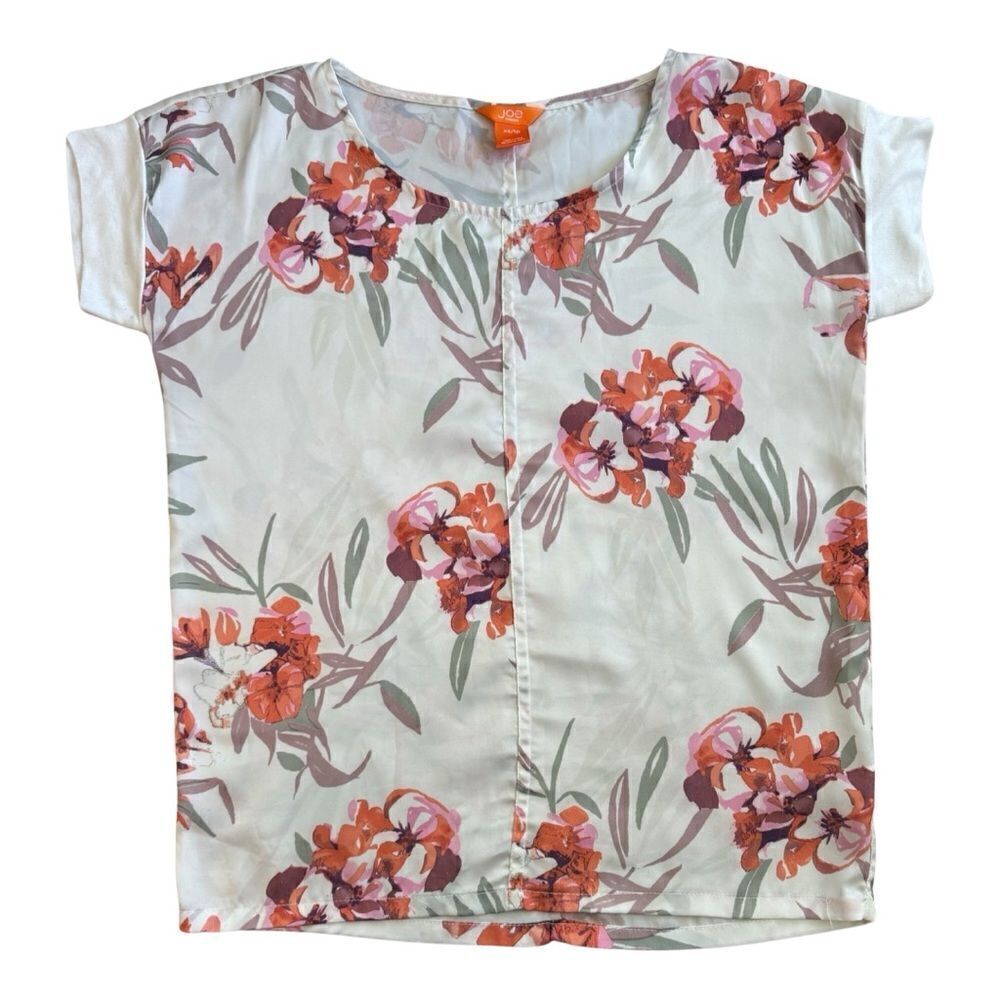 Joe Fresh Womens Blouse Short Sleeve Ivory Orange Tropical Vibes Floral Print XS